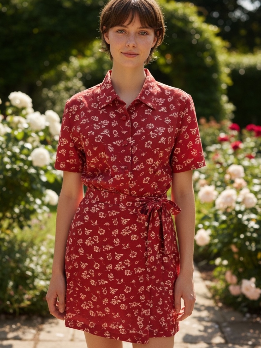 Y2k VILLAGER CLASSIC RED & WHITE FLORAL BLOUSE & SKIRT SET NORMCORE EUC SZ 14